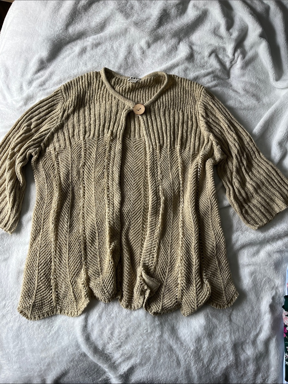 Requirements Neutral Tan Open-Weave Button Front Cardigan
